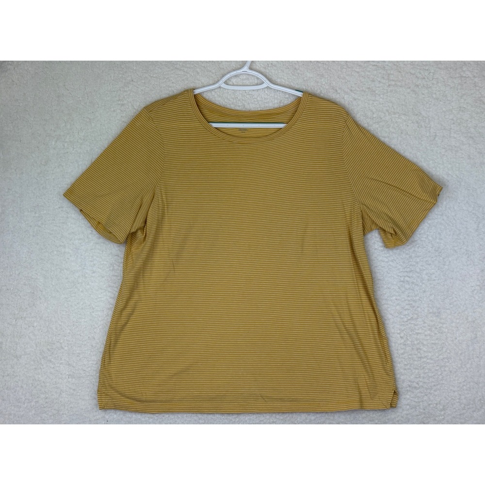 Eileen Fisher Mustard Yellow White Striped Short Sleeve Crew Neck Top Medium